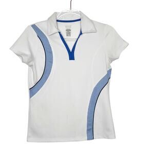 IZOD Performance Polo Shirt Short Sleeve Gingham Trim White Blue Womens Size XS